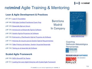 netmind Agile Training & Mentoring
Lean & Agile Development & Practices
JST 291 | Lean IT Foundation
JJM 188 | PMI Agile Certified Practitioner Exam Prep
JJM 120 | Desarrollo Ágil con Scrum
JJM 125 | Introducción al Desarrollo Ágil de Software
JJM 126 | Gestión Ágil de Proyectos de Software
JJM 130 | Estimación y Planificación Ágil de Proyectos de Software
JJM 131 | Historias de Usuario para la Gestión Ágil de Requerimientos
JJM 132 | Taller Práctico de Kanban. Gestión Visual del Desarrollo
JJM 134 | Testing en el desarrollo del Software
Scaled Agile Framework
JJM 150 | SAFe ScrumXP for Teams
JJM 151 | Leading the Lean-Agile Enterprise with Scaled Agile Framework
www.netmind.es
Coaching
Definición Metodológica
Herramientas
(en proceso)
 