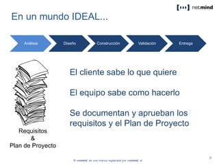 Requisitos
&
Plan de Proyecto
En un mundo IDEAL...
Análisis Diseño Construcción Validación Entrega
El cliente sabe lo que quiere
El equipo sabe como hacerlo
Se documentan y aprueban los
requisitos y el Plan de Proyecto
 