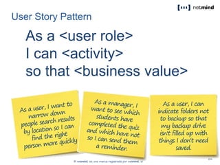 User Story Pattern
As a <user role>
I can <activity>
so that <business value>
 