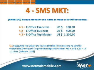 (PASSIVO) Bonus mensile che varia in base al E-Office scelto:
Es.: L’Esecutivo Top Master che invierà 800 SMS in un mese ma ne saranno
validati solo750 riceverà l’ equivalente degli SMS validati: 750 x US $ 1,50 = US
1,125,00. (Valore in USD$)
ierà 800 SMS in un mese ma ne saranno validati solo750 riceverà l’ equivalente degli SMS validati: 750 x US $
 