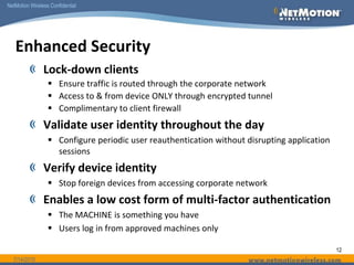 6/14/201011Security – Industry StandardsEncryption FIPS 140-2  Validated 128, 192 or 256-bit AES EncryptionAuthentication MethodsMS Active DirectoryRADIUSRSA SecurIDSmartcardsDigital CertificatesFIPS 140-2 Inside**TM: A Certification Mark of NIST, which does not imply product endorsement by NIST, the U.S. or Canadian Governments