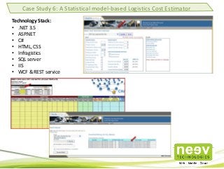 Technology Stack:
• .NET 3.5
• ASP.NET
• C#
• HTML, CSS
• Infragistics
• SQL server
• IIS
• WCF & REST service
Case Study 6: A Statistical model-based Logistics Cost Estimator
 