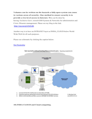 Volumes can be written on the hazards a fully open system can cause
to various areas of security. One method to ensure security is to
provide a two level access to Internet. This can be done by
having Exclusive Govt. owned GSM Systems & Networks for administration and
Crisis /Disaster management. Please see my blog in the link:
http://wp.me/p1ZsI2-dh
Another way is to have an INTRANET layer as INDIA_CLOUD below World
Wide Web for all such purposes.
Please see schematic by clicking the caption below:
Net Neutrality
10.INDIA CLOUD and Cloud computing.
 