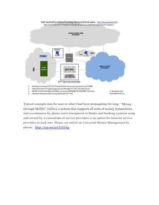 Typical example may be seen in what I had been propagating for long:Typical example may be seen in what I had been propagating for long:
and e-commerce by phone users transparent to Banks and banking systems setup
and owned by a consortium of service providers is an option for telecom service
providers to look into. Please see article on Universal Money Management by
phone. http://wp.me/p1ZsI2-4g
 