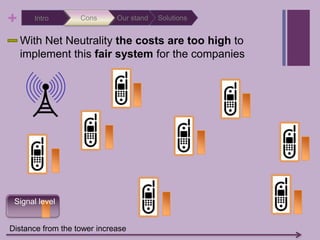 SolutionsOur standConsIntroWith Net Neutrality the costs are too high to implement this fair system for the companies Signal levelDistance from the tower increase