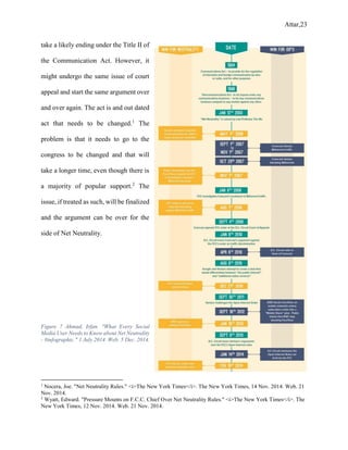 Attar,23
take a likely ending under the Title II of
the Communication Act. However, it
might undergo the same issue of court
appeal and start the same argument over
and over again. The act is and out dated
act that needs to be changed.1
The
problem is that it needs to go to the
congress to be changed and that will
take a longer time, even though there is
a majority of popular support.2
The
issue, if treated as such, will be finalized
and the argument can be over for the
side of Net Neutrality.
1
Nocera, Joe. "Net Neutrality Rules." <i>The New York Times</i>. The New York Times, 14 Nov. 2014. Web. 21
Nov. 2014.
2
Wyatt, Edward. "Pressure Mounts on F.C.C. Chief Over Net Neutrality Rules." <i>The New York Times</i>. The
New York Times, 12 Nov. 2014. Web. 21 Nov. 2014.
Figure 7 Ahmad, Irfan. "What Every Social
Media User Needs to Know about Net Neutrality
- #infographic." 1 July 2014. Web. 5 Dec. 2014.
 