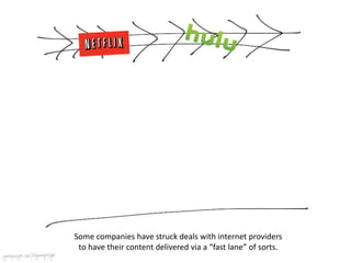 Some companies have struck deals with internet providers
to have their content delivered via a “fast lane” of sorts.
 