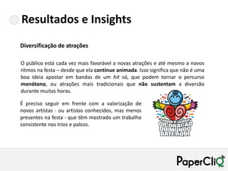 Resultados e Insights
Diversificação de atrações

O público está cada vez mais favorável a novas atrações e até mesmo a novos
ritmos na festa – desde que ela continue animada. Isso significa que não é uma
boa ideia apostar em bandas de um hit só, que podem tornar o percurso
monótono, ou atrações mais tradicionais que não sustentam a diversão
durante muitas horas.

É preciso seguir em frente com a valorização de
novos artistas - ou artistas conhecidos, mas menos
presentes na festa - que têm mostrado um trabalho
consistente nos trios e palcos.
 