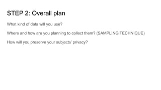 STEP 2: Overall plan
What kind of data will you use?
Where and how are you planning to collect them? (SAMPLING TECHNIQUE)
How will you preserve your subjects’ privacy?
 