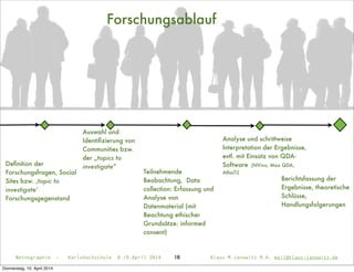 18
Forschungsablauf
Deﬁnition der
Forschungsfragen, Social
Sites bzw. ,topic to
investigate‘
Forschungsgegenstand
Auswahl und
Identiﬁzierung von
Communities bzw.
der „topics to
investigate“
Teilnehmende
Beobachtung, Data
collection: Erfassung und
Analyse von
Datenmaterial (mit
Beachtung ethischer
Grundsätze: informed
consent)
Analyse und schrittweise
Interpretation der Ergebnisse,
evtl. mit Einsatz von QDA-
Software (NVivo, Max QDA,
AtlasTi)
Berichtsfassung der
Ergebnisse, theoretische
Schlüsse,
Handlungsfolgerungen
Netnographie - Karlshochschule 8./9.April 2014 Klaus M.Janowitz M.A. mail@klaus-janowitz.de
Donnerstag, 10. April 2014
 