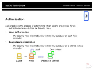 Authorization Authorization is the process of determining which actions are allowed for an authenticated user, defined by Security roles. Local authorization The security roles information is available in a database on each Host computer. Centralized authorization The security roles information is available in a database on a shared remote computer. 6 Centralized Local Host Database Service Guest 