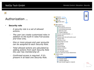 Authorization … Security role A security role is a set of allowed actions. The user can create customized roles in addition to the built-in roles  Full access  and  View only .  One or more groups and user accounts can be assigned to each Security Role. Total allowed actions are calculated by adding actions from each Security Role the user has membership of.  Confirmed access is required  if it’s present in at least one Security Role. 6 