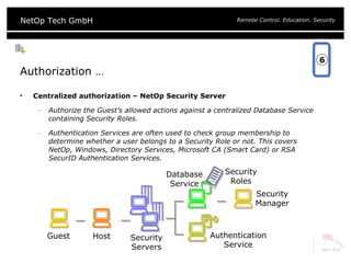 Authorization … Centralized authorization – NetOp Security Server Authorize the Guest’s allowed actions against a centralized Database Service containing Security Roles. Authentication Services are often used to check group membership to determine whether a user belongs to a Security Role or not. This covers NetOp, Windows, Directory Services, Microsoft CA (Smart Card) or RSA SecurID Authentication Services. 6 Guest Host Authentication Service Security Manager Security Roles Security Servers Database Service 