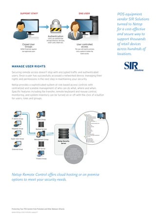 Protecting Your POS System from PoSeidon and Other Malware Attacks
www.netop.com/remote-support
Manage User Rights
Securing remote access doesn’t stop with encrypted traffic and authenticated
users. Once a user has successfully accessed a networked device, managing their
rights and permissions is the next step in maintaining your security.
Netop provides a sophisticated system of role based access controls with
centralized and scalable management of who can do what, where and when.
Specific features including file transfer, remote keyboard and mouse control,
monitoring, and system inventory can be turned on or off with the click of a button
for users, roles and groups.
END USERSUPPORT STAFF
Authentication
Users can authenticate
through Directory Services,
smart cards, tokens etc.
Closed User
Groups
100% Protection against
non-approved users
User controlled
access
The user will need to actively
click a button to allow the
Guest access
SUPPORT STAFF
Secure
the line
Manage
user access
Manage
user rights
Document
what happens
1 2 3 4
SUPPORT
Closed U
Group
100% Protectio
non-approved
IT Admin Group
Helpdesk Group
Super User Group
External Group
Sales Group
Backup Servers
Management Group
SAP Server
Finance Group
SUPPORT
Market-Le
256-bit A
Encrypt
t G
Complete
centrailized and
scalable management
of who can do what
where and when with a
few clicks
Netop Security
Server
Netop Remote Control offers cloud hosting or on premise
options to meet your security needs.
POS equipment
vendor SIR Solutions
turned to Netop
for a cost-effective
and secure way to
support thousands
of retail devices
across hundreds of
locations.
 