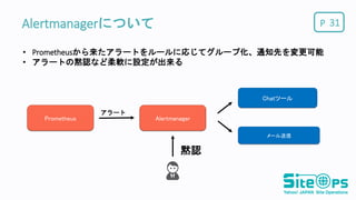 P
Prometheus
Alertmanagerについて 31
• Prometheusから来たアラートをルールに応じてグループ化、通知先を変更可能
• アラートの黙認など柔軟に設定が出来る
Alertmanager
Chatツール
メール送信
黙認
アラート
 