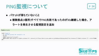 PPING監視について 34
 パケットが落ちていないこと
 複数拠点(4箇所)すべてでPING失敗であったのが30s継続した場合、ア
ラートを発生させる監視設定を追加
 