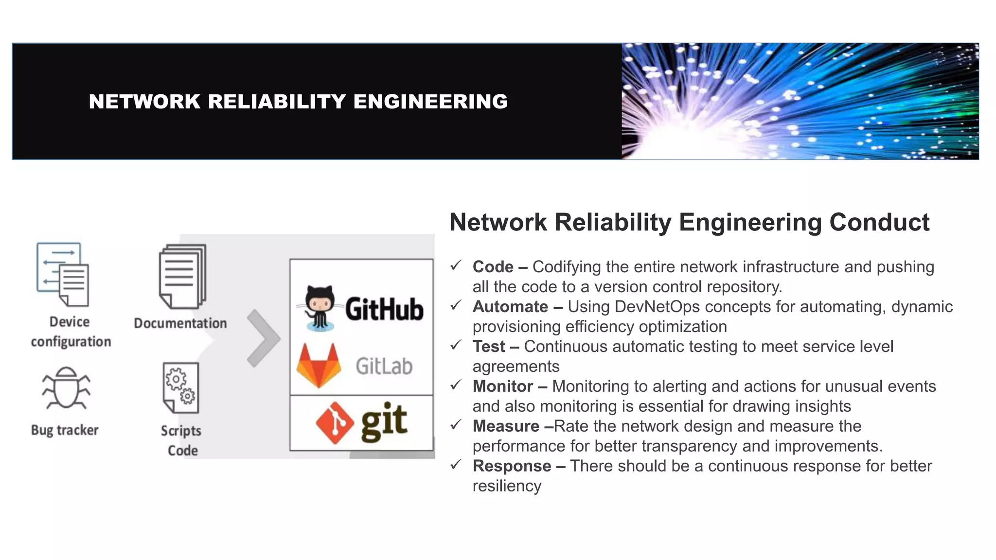 NETWORK RELIABILITY ENGINEERING
Network Reliability Engineering Conduct
 Code – Codifying the entire network infrastructure and pushing
all the code to a version control repository.
 Automate – Using DevNetOps concepts for automating, dynamic
provisioning efficiency optimization
 Test – Continuous automatic testing to meet service level
agreements
 Monitor – Monitoring to alerting and actions for unusual events
and also monitoring is essential for drawing insights
 Measure –Rate the network design and measure the
performance for better transparency and improvements.
 Response – There should be a continuous response for better
resiliency
 