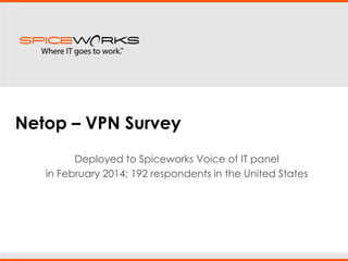 Netop – VPN Survey
Deployed to Spiceworks Voice of IT panel
in February 2014; 192 respondents in the United States
 