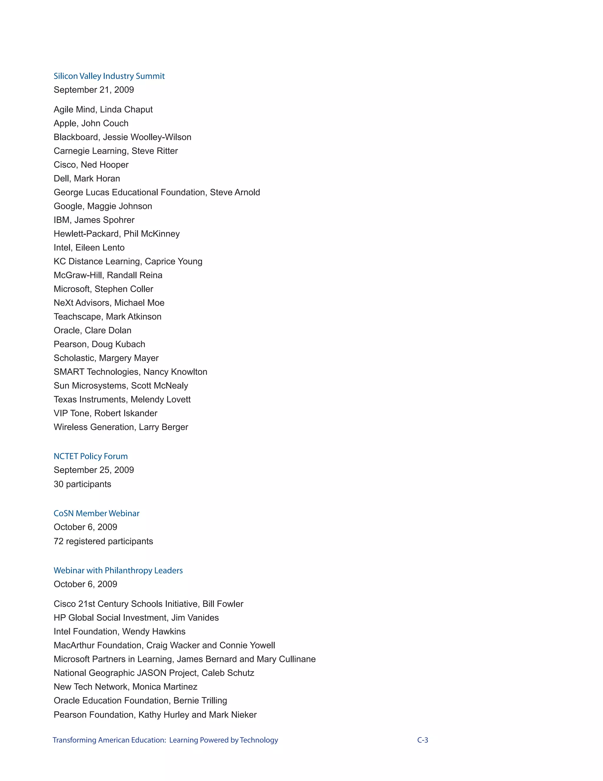 Silicon Valley Industry Summit
September 21, 2009

Agile Mind, Linda Chaput
Apple, John Couch
Blackboard, Jessie Woolley-Wilson
Carnegie Learning, Steve Ritter
Cisco, Ned Hooper
Dell, Mark Horan
George Lucas Educational Foundation, Steve Arnold
Google, Maggie Johnson
IBM, James Spohrer
Hewlett-Packard, Phil McKinney
Intel, Eileen Lento
KC Distance Learning, Caprice Young
McGraw-Hill, Randall Reina
Microsoft, Stephen Coller
NeXt Advisors, Michael Moe
Teachscape, Mark Atkinson
Oracle, Clare Dolan
Pearson, Doug Kubach
Scholastic, Margery Mayer
SMART Technologies, Nancy Knowlton
Sun Microsystems, Scott McNealy
Texas Instruments, Melendy Lovett
VIP Tone, Robert Iskander
Wireless Generation, Larry Berger


NCTET Policy Forum
September 25, 2009
30 participants


CoSN Member Webinar
October 6, 2009
72 registered participants


Webinar with Philanthropy Leaders
October 6, 2009

Cisco 21st Century Schools Initiative, Bill Fowler
HP Global Social Investment, Jim Vanides
Intel Foundation, Wendy Hawkins
MacArthur Foundation, Craig Wacker and Connie Yowell
Microsoft Partners in Learning, James Bernard and Mary Cullinane
National Geographic JASON Project, Caleb Schutz
New Tech Network, Monica Martinez
Oracle Education Foundation, Bernie Trilling
Pearson Foundation, Kathy Hurley and Mark Nieker

Transforming American Education: Learning Powered by Technology    C-3
 