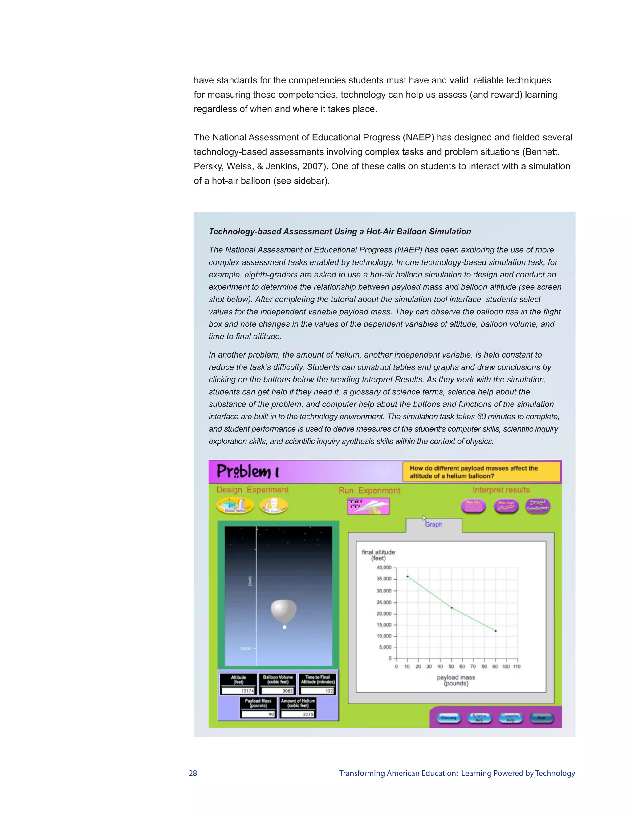 have standards for the competencies students must have and valid, reliable techniques
 for measuring these competencies, technology can help us assess (and reward) learning
 regardless of when and where it takes place.


 The National Assessment of Educational Progress (NAEP) has designed and fielded several
 technology-based assessments involving complex tasks and problem situations (Bennett,
 Persky, Weiss, & Jenkins, 2007). One of these calls on students to interact with a simulation
 of a hot-air balloon (see sidebar).




     Technology-based Assessment Using a Hot-Air Balloon Simulation

     The National Assessment of Educational Progress (NAEP) has been exploring the use of more
     complex assessment tasks enabled by technology. In one technology-based simulation task, for
     example, eighth-graders are asked to use a hot-air balloon simulation to design and conduct an
     experiment to determine the relationship between payload mass and balloon altitude (see screen
     shot below). After completing the tutorial about the simulation tool interface, students select
     values for the independent variable payload mass. They can observe the balloon rise in the flight
     box and note changes in the values of the dependent variables of altitude, balloon volume, and
     time to final altitude.

     In another problem, the amount of helium, another independent variable, is held constant to
     reduce the task’s difficulty. Students can construct tables and graphs and draw conclusions by
     clicking on the buttons below the heading Interpret Results. As they work with the simulation,
     students can get help if they need it: a glossary of science terms, science help about the
     substance of the problem, and computer help about the buttons and functions of the simulation
     interface are built in to the technology environment. The simulation task takes 60 minutes to complete,
     and student performance is used to derive measures of the student’s computer skills, scientific inquiry
     exploration skills, and scientific inquiry synthesis skills within the context of physics.


      




28                                         Transforming American Education: Learning Powered by Technology
 
