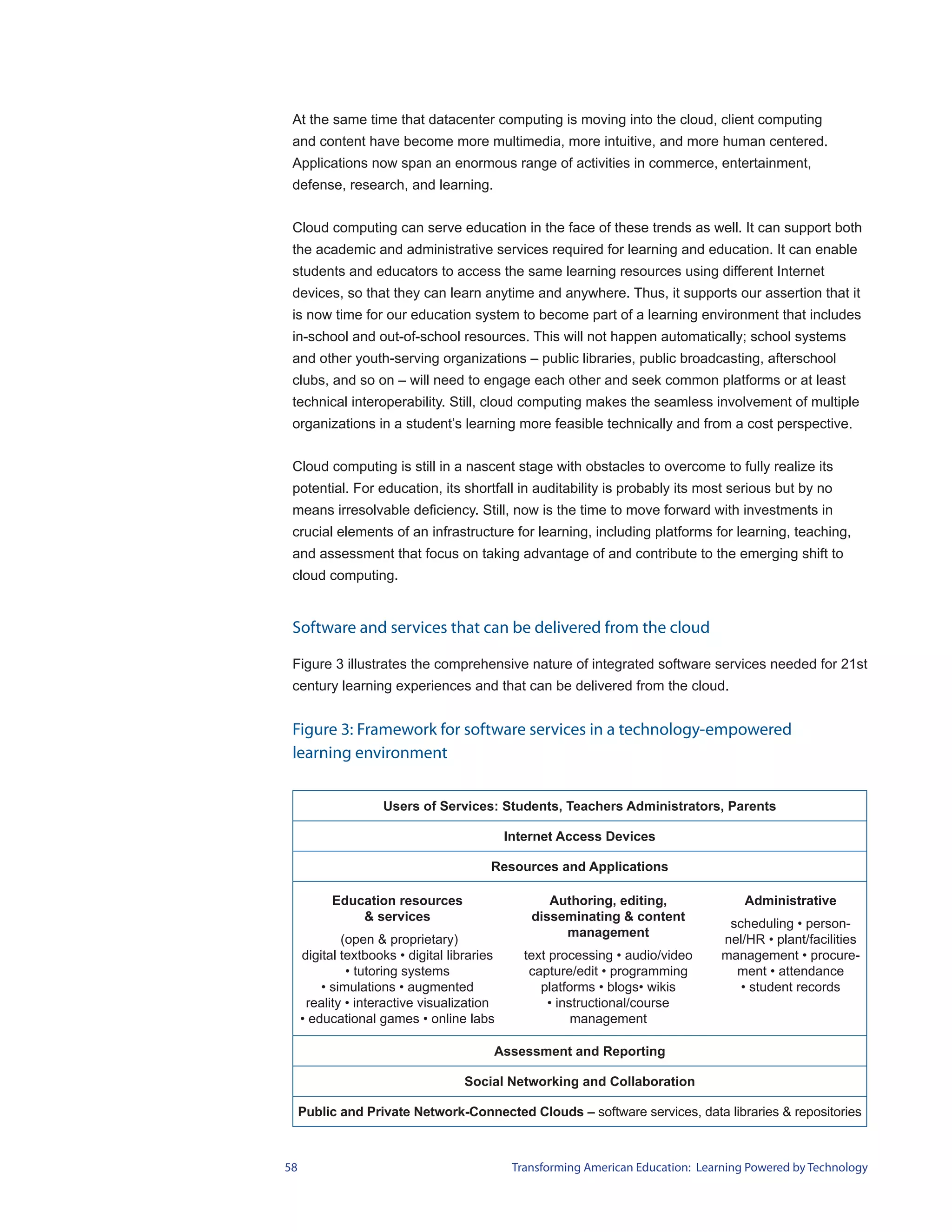 At the same time that datacenter computing is moving into the cloud, client computing
 and content have become more multimedia, more intuitive, and more human centered.
 Applications now span an enormous range of activities in commerce, entertainment,
 defense, research, and learning.


 Cloud computing can serve education in the face of these trends as well. It can support both
 the academic and administrative services required for learning and education. It can enable
 students and educators to access the same learning resources using different Internet
 devices, so that they can learn anytime and anywhere. Thus, it supports our assertion that it
 is now time for our education system to become part of a learning environment that includes
 in-school and out-of-school resources. This will not happen automatically; school systems
 and other youth-serving organizations – public libraries, public broadcasting, afterschool
 clubs, and so on – will need to engage each other and seek common platforms or at least
 technical interoperability. Still, cloud computing makes the seamless involvement of multiple
 organizations in a student’s learning more feasible technically and from a cost perspective.


 Cloud computing is still in a nascent stage with obstacles to overcome to fully realize its
 potential. For education, its shortfall in auditability is probably its most serious but by no
 means irresolvable deficiency. Still, now is the time to move forward with investments in
 crucial elements of an infrastructure for learning, including platforms for learning, teaching,
 and assessment that focus on taking advantage of and contribute to the emerging shift to
 cloud computing.


 Software and services that can be delivered from the cloud

 Figure 3 illustrates the comprehensive nature of integrated software services needed for 21st
 century learning experiences and that can be delivered from the cloud.


 Figure 3: Framework for software services in a technology-empowered
 learning environment


                    Users of Services: Students, Teachers Administrators, Parents

                                             Internet Access Devices

                                         Resources and Applications

           Education resources                      Authoring, editing,                Administrative
               & services                        disseminating & content
                                                                                    scheduling • person-
                                                      management
             (open & proprietary)                                                  nel/HR • plant/facilities
     digital textbooks • digital libraries      text processing • audio/video      management • procure-
              • tutoring systems                 capture/edit • programming          ment • attendance
         • simulations • augmented                 platforms • blogs• wikis           • student records
      reality • interactive visualization            • instructional/course
     • educational games • online labs                    management

                                         Assessment and Reporting

                                    Social Networking and Collaboration

     Public and Private Network-Connected Clouds – software services, data libraries & repositories



58                                            Transforming American Education: Learning Powered by Technology
 
