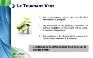12
LE TOURNANT VERT
1. Les consommateurs exigent des produits éco-
responsables et pratiques
2. Les distributeurs et les producteurs percoivent un
avantage marketing: éco-responsable, vert, bio-sourcé,
compostable, biodegradable
3. Les législations et les réglementations poussent pour
des emballages innovants et éco-concus
L’emballage n’a désormais d’autre choix que celui de
changer d’image
 