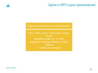Цели и KPI’s для приложений
11
Удержание (активация, возвращение).
DAU, WAU, MAU, Total Users, Sticky
Factor
Retention Rate 1d, 7d, 28d
Sessions, Average Session Length
Lifetime
+ custom conversions
 