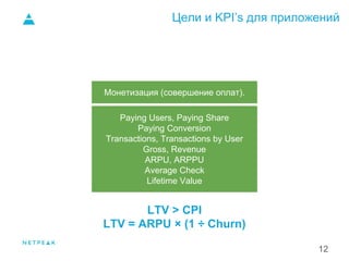 Цели и KPI’s для приложений
12
LTV > CPI
LTV = ARPU × (1 ÷ Churn)
Монетизация (совершение оплат).
Paying Users, Paying Share
Paying Conversion
Transactions, Transactions by User
Gross, Revenue
ARPU, ARPPU
Average Check
Lifetime Value
 