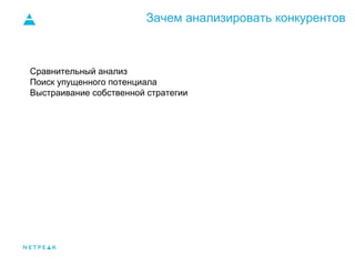 Зачем анализировать конкурентов
Сравнительный анализ
Поиск упущенного потенциала
Выстраивание собственной стратегии
 