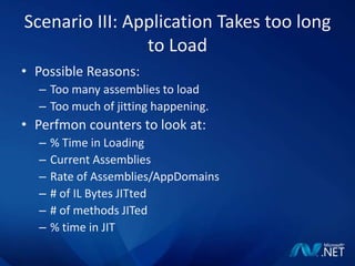 Scenario III: Application Takes too long to LoadPossible Reasons:Too many assemblies to loadToo much of jitting happening.Perfmon counters to look at:% Time in LoadingCurrent AssembliesRate of Assemblies/AppDomains# of IL Bytes JITted# of methods JITed% time in JIT