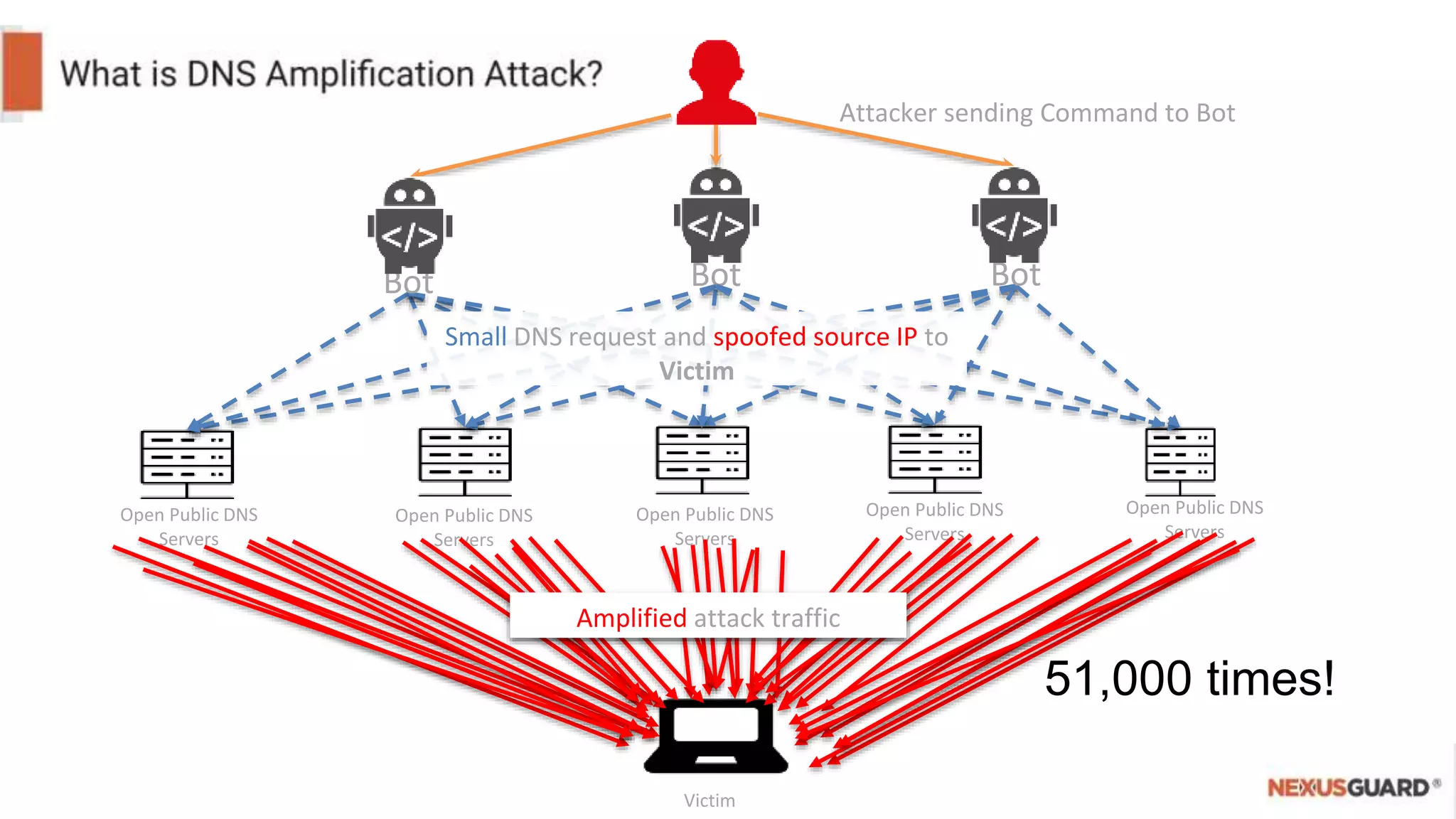 Open Public DNS
Servers
Open Public DNS
Servers
Open Public DNS
Servers
Open Public DNS
Servers
Victim
Bot
Open Public DNS
Servers
Amplified attack traffic
Attacker sending Command to Bot
Small DNS request and spoofed source IP to
Victim
BotBot
51,000 times!
 