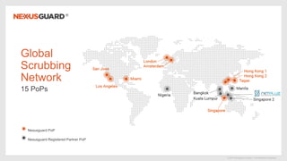 © 2019 Nexusguard Limited – Confidential & Proprietary
Nexusguard PoP
Nexusguard Registered Partner PoP
Global
Scrubbing
Network
15 PoPs
 