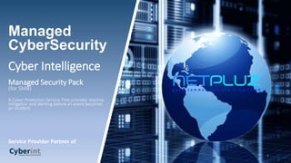 1
Managed
CyberSecurity
Cyber Intelligence
Managed Security Pack
(for SMB)
A Cyber Protection Service That provides reactive
mitigation and alerting before an event becomes
an incident
Service Provider Partner of
 