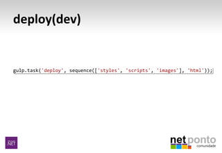 deploy(dev)
gulp.task('deploy', sequence(['styles', 'scripts', 'images'], 'html'));
 