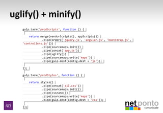 uglify() + minify()
gulp.task('prodScripts', function () {
return merge(vendorScripts(), appScripts())
.pipe(order(['jquery.js', 'angular.js', 'bootstrap.js',
'controllers.js']))
.pipe(sourcemaps.init())
.pipe(concat('app.js'))
.pipe(uglify())
.pipe(sourcemaps.write('maps'))
.pipe(gulp.dest(config.dest + 'js'));
});
gulp.task('prodStyles', function () {
return styles()
.pipe(concat('all.css'))
.pipe(sourcemaps.init())
.pipe(cssnano())
.pipe(sourcemaps.write('maps'))
.pipe(gulp.dest(config.dest + 'css'));
});
 