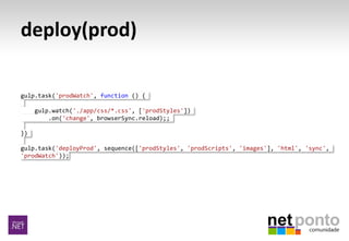 deploy(prod)
gulp.task('prodWatch', function () {
gulp.watch('./app/css/*.css', ['prodStyles'])
.on('change', browserSync.reload);;
})
gulp.task('deployProd', sequence(['prodStyles', 'prodScripts', 'images'], 'html', 'sync',
'prodWatch'));
 