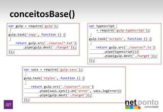 conceitosBase()
var gulp = require('gulp');
gulp.task('copy', function () {
return gulp.src('./source/*.txt')
.pipe(gulp.dest('./target'));
});
var sass = require('gulp-sass');
gulp.task('styles', function () {
return gulp.src('./source/*.scss')
.pipe(sass.sync().on('error', sass.logError))
.pipe(gulp.dest('./target'));
});
var typescript
= require('gulp-typescript');
gulp.task('scripts', function () {
return gulp.src('./source/*.ts')
.pipe(typescript())
.pipe(gulp.dest('./target'));
});
 