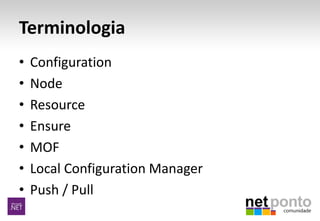 Terminologia
• Configuration
• Node
• Resource
• Ensure
• MOF
• Local Configuration Manager
• Push / Pull
 