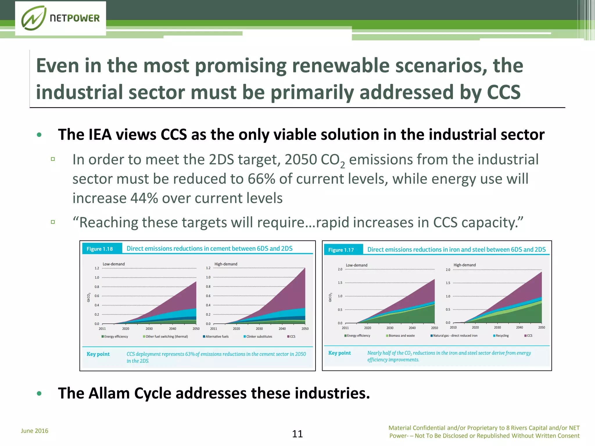 June 2016 Material Confidential and/or Proprietary to 8 Rivers Capital and/or NET
Power­ ─ Not To Be Disclosed or Republished Without Written Consent11
• The IEA views CCS as the only viable solution in the industrial sector
▫ In order to meet the 2DS target, 2050 CO2 emissions from the industrial
sector must be reduced to 66% of current levels, while energy use will
increase 44% over current levels
▫ “Reaching these targets will require…rapid increases in CCS capacity.”
• The Allam Cycle addresses these industries.
Even in the most promising renewable scenarios, the
industrial sector must be primarily addressed by CCS
 