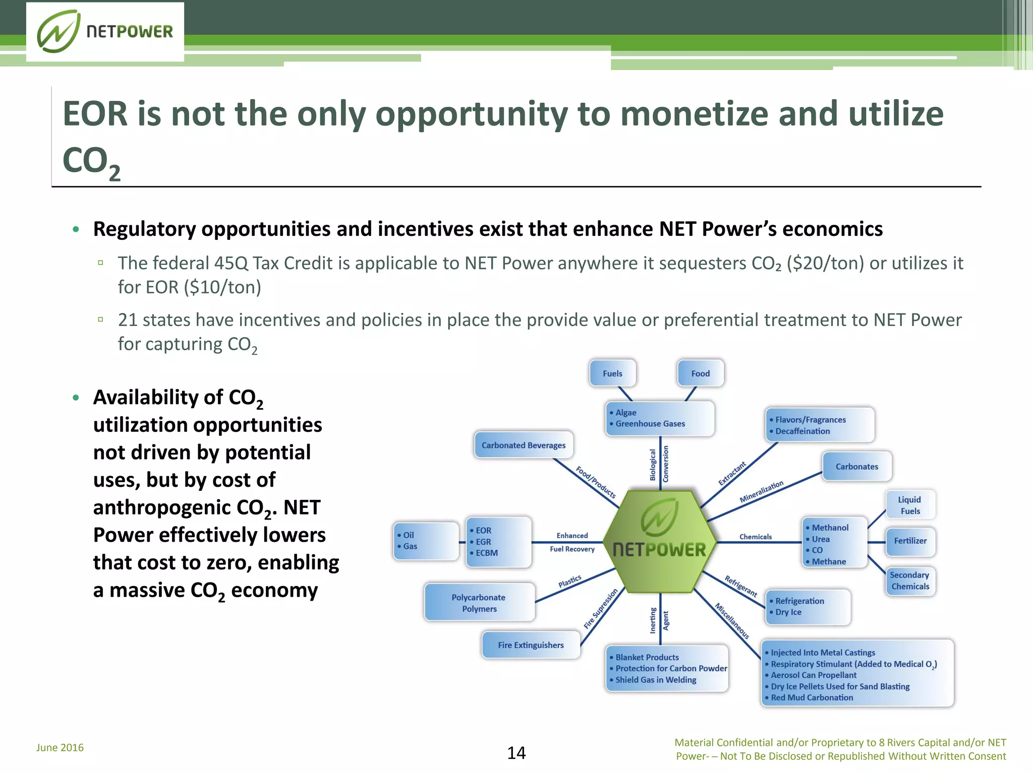 June 2016 Material Confidential and/or Proprietary to 8 Rivers Capital and/or NET
Power­ ─ Not To Be Disclosed or Republished Without Written Consent14
• Regulatory opportunities and incentives exist that enhance NET Power’s economics
▫ The federal 45Q Tax Credit is applicable to NET Power anywhere it sequesters CO₂ ($20/ton) or utilizes it
for EOR ($10/ton)
▫ 21 states have incentives and policies in place the provide value or preferential treatment to NET Power
for capturing CO2
EOR is not the only opportunity to monetize and utilize
CO2
• Availability of CO2
utilization opportunities
not driven by potential
uses, but by cost of
anthropogenic CO2. NET
Power effectively lowers
that cost to zero, enabling
a massive CO2 economy
 