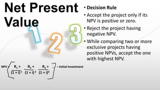 Net Present
Value

NPV =

R1 +
R2 +
R3 + ... − Initial Investment
(1 + i) 1 (1 + i) 2 (1 + i)3

• Decision Rule
• Accept the project only if its
NPV is positive or zero.
• Reject the project having
negative NPV.
• While comparing two or more
exclusive projects having
positive NPVs, accept the one
with highest NPV.

 