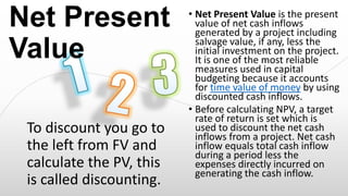 Net Present
Value
To discount you go to
the left from FV and
calculate the PV, this
is called discounting.

• Net Present Value is the present
value of net cash inflows
generated by a project including
salvage value, if any, less the
initial investment on the project.
It is one of the most reliable
measures used in capital
budgeting because it accounts
for time value of money by using
discounted cash inflows.
• Before calculating NPV, a target
rate of return is set which is
used to discount the net cash
inflows from a project. Net cash
inflow equals total cash inflow
during a period less the
expenses directly incurred on
generating the cash inflow.

 