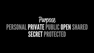 Purpose
PERSONAL PRIVATE PUBLIC OPEN SHARED
SECRET PROTECTED
 