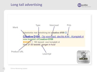 Long tail advertising

Merk

Product URL

21

Online Marketing Update

Type

Voorraad

Levertijd

Prijs

 
