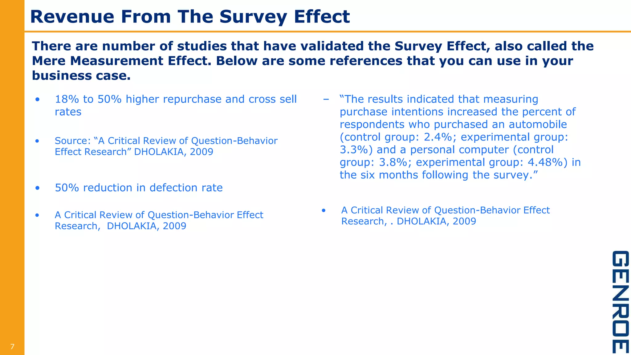 Revenue From The Survey Effect
• 18% to 50% higher repurchase and cross sell
rates
• Source: “A Critical Review of Question-Behavior
Effect Research” DHOLAKIA, 2009
• 50% reduction in defection rate
• A Critical Review of Question-Behavior Effect
Research, DHOLAKIA, 2009
– “The results indicated that measuring
purchase intentions increased the percent of
respondents who purchased an automobile
(control group: 2.4%; experimental group:
3.3%) and a personal computer (control
group: 3.8%; experimental group: 4.48%) in
the six months following the survey.”
• A Critical Review of Question-Behavior Effect
Research, . DHOLAKIA, 2009
7
There are number of studies that have validated the Survey Effect, also called the
Mere Measurement Effect. Below are some references that you can use in your
business case.
 