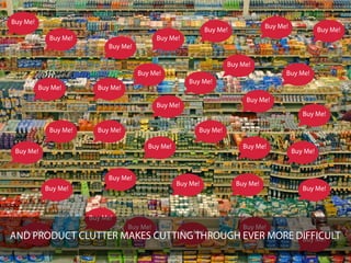 Buy Me!
                                                                                     Buy Me!
                                                                 Buy Me!                                 Buy Me!
             Buy Me!                         Buy Me!
                            Buy Me!

                                                                       Buy Me!
                                      Buy Me!                                              Buy Me!
                                                         Buy Me!
          Buy Me!        Buy Me!
                                                                              Buy Me!
                                             Buy Me!
                                                                                                  Buy Me!

             Buy Me!     Buy Me!                            Buy Me!

                                         Buy Me!                             Buy Me!
 Buy Me!                                                                                       Buy Me!


                            Buy Me!
                                                   Buy Me!                 Buy Me!
            Buy Me!                                                                               Buy Me!



                       Buy Me!
                                   Buy Me!                                   Buy Me!
   Buy Me!                                             Buy Me!
AND PRODUCT CLUTTER MAKES CUTTING THROUGH EVER MORE DIFFICULT
                                                     Buy Me!
 