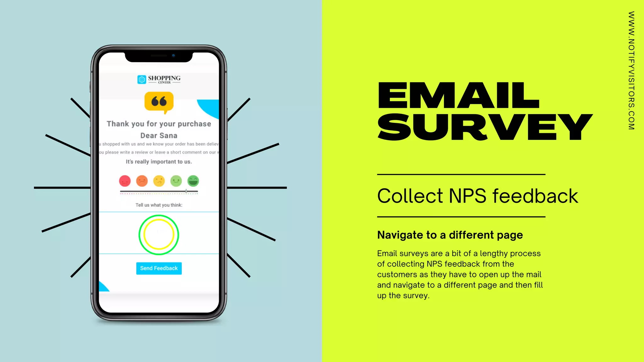 Email surveys are a bit of a lengthy process
of collecting NPS feedback from the
customers as they have to open up the mail
and navigate to a different page and then fill
up the survey.
EMAILSURVEY
Navigate to a different page
Collect NPS feedback
WWW.NOTIFYVISITORS.COM
 