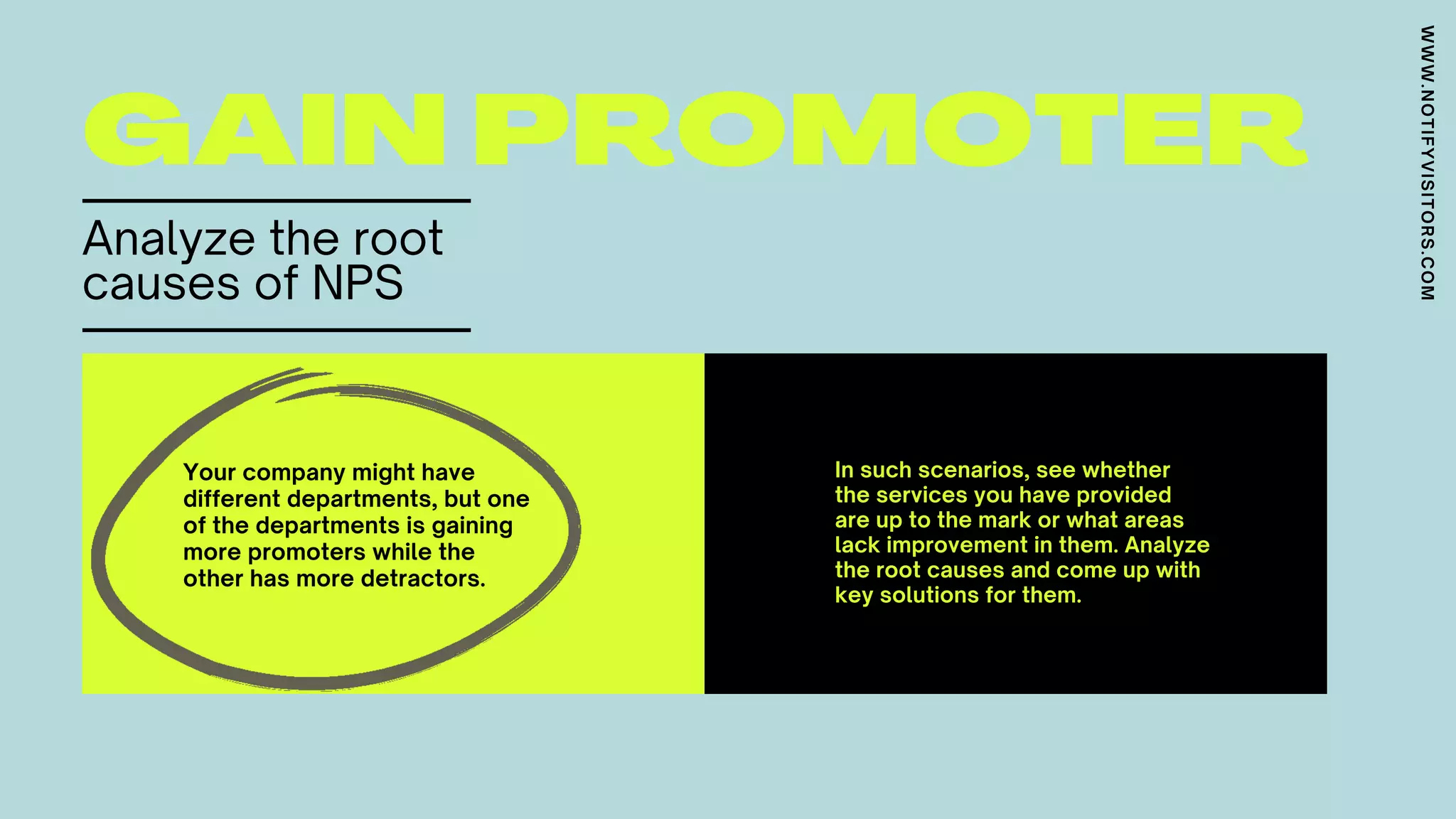 GAIN PROMOTER
Analyze the root
causes of NPS
Your company might have
different departments, but one
of the departments is gaining
more promoters while the
other has more detractors.
In such scenarios, see whether
the services you have provided
are up to the mark or what areas
lack improvement in them. Analyze
the root causes and come up with
key solutions for them.
WWW.NOTIFYVISITORS.COM
 