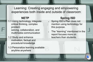 Learning: Creating engaging and empowering
   experiences both inside and outside of classroom
            NETP                                 Spring ISD
1.1 Using technology, integrate      ●   Spring ISD’s Plan does not
   critical thinking, complex            mention using technology for
   problem                               this purpose.
   solving, collaboration, and
                                     ●   The “learning” mentioned in the
   multimedia communication
                                         report focuses more on
1.2 Study and enhance                    teachers than students.
   motivation, factual and
   procedural knowledge
1.3 Personalize learning available
   anytime anywhere
 
