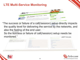 LTE Multi-Service Monitoring




“The success or failure of a call(/session) setup directly impacts
 the quality level for delivering the service by the networks, and
 also the feeling of the end user.
 So the success or failure of call(/session) setup needs be
 monitored.”                                         (3GPP TS 32.425)




                                  20
 